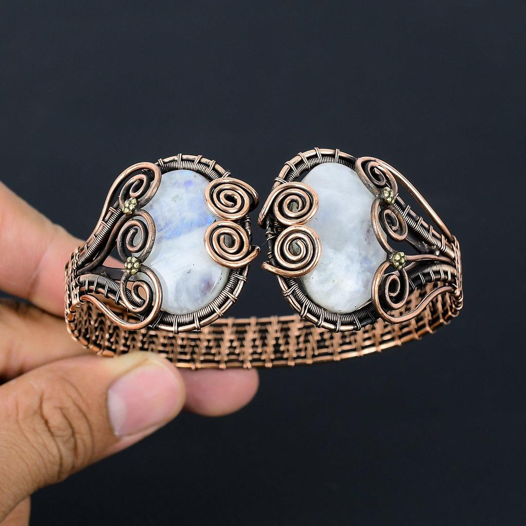 Необычные радужные лунные камни, драгоценные камни, чистая медная проволока, манжеты/браслет ручной работы, регулируемые ювелирные изделия