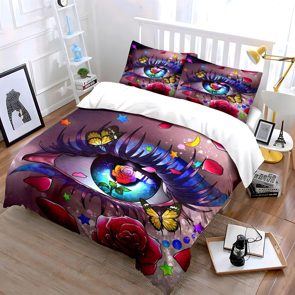 3Pcs Magical Eye Bedding Set, Anime Style Eye with Rose and Butterflies Print Duvet Cover + 2 Pillowcases, Fantasy Decor