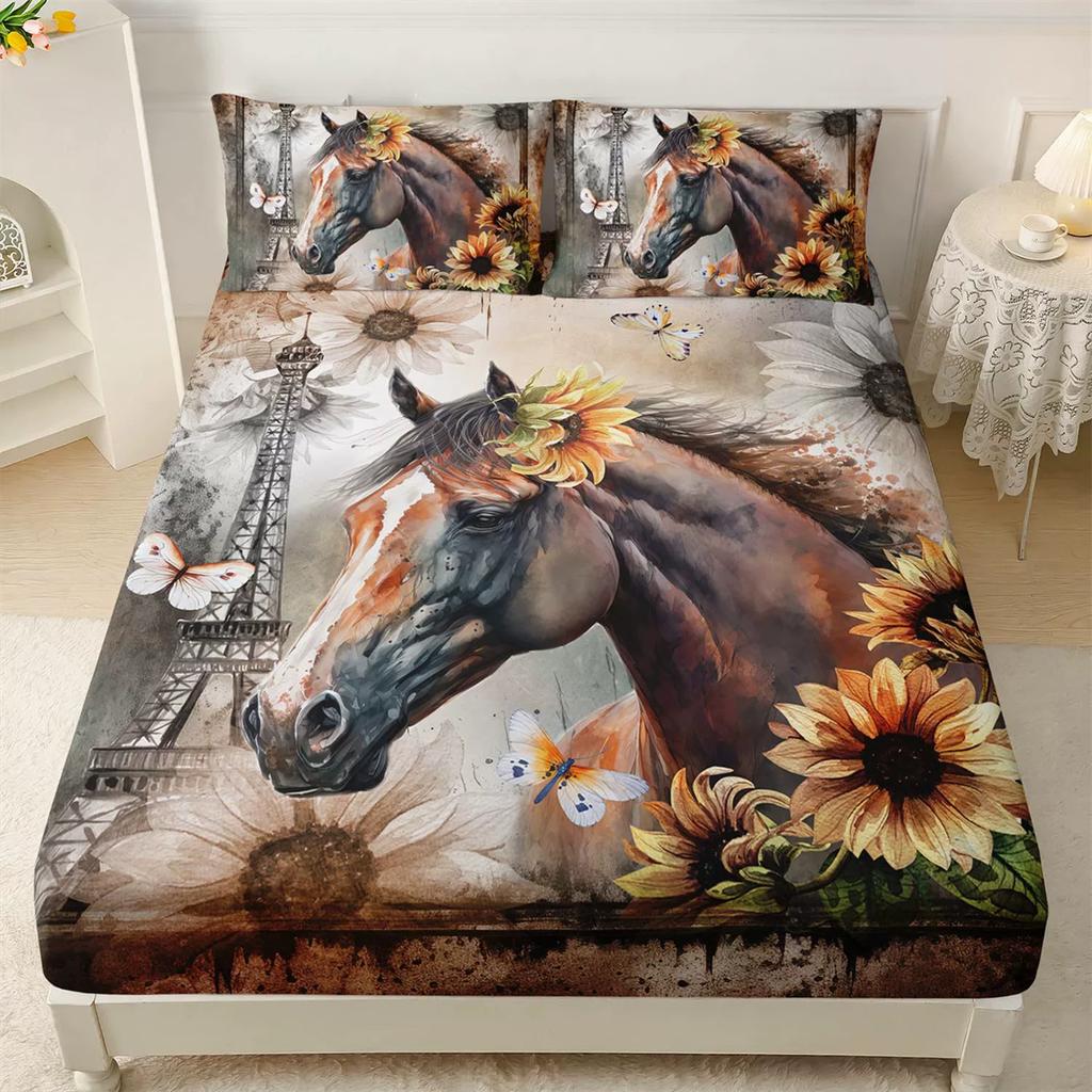 Horse Single Fitted Sheet,Animal Horse Bed Sheets Deep Pocket 30 cm,Microfibre 3D Bed Sheet with Pillowcase for Kids and Aldults