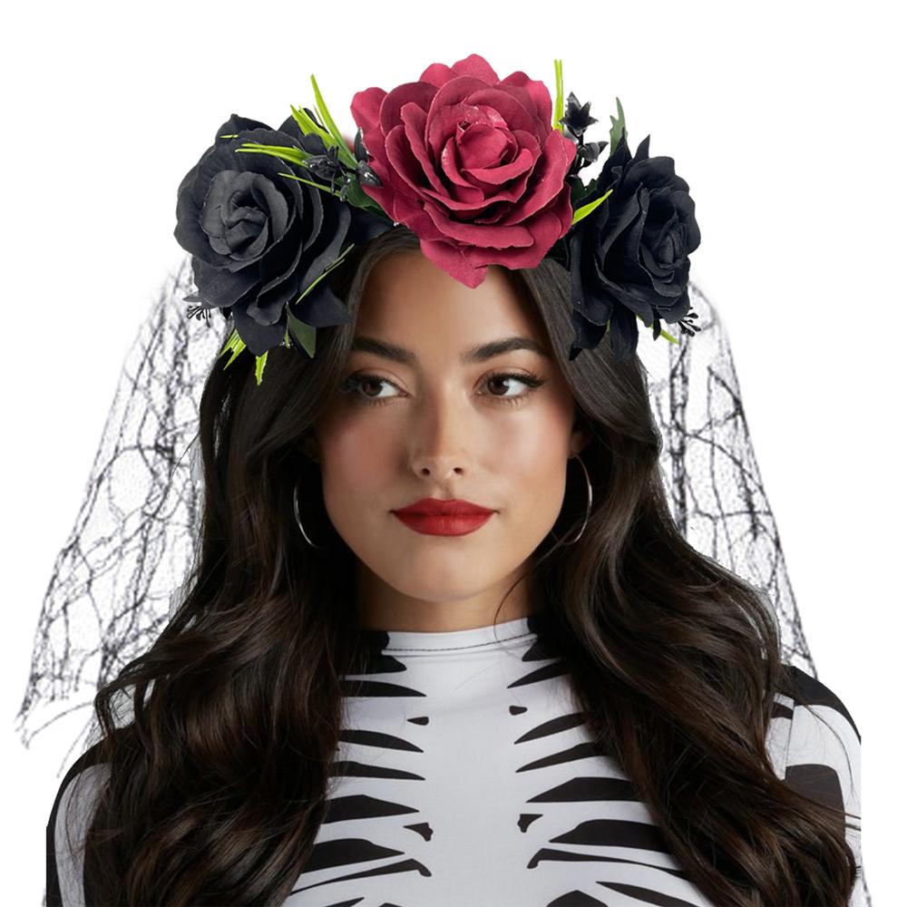 Day of the Dead Flower Crown Headband Skull and Ghost with Black Veil Halloween Rose Headpiece Exaggerated Cosplay Hairband