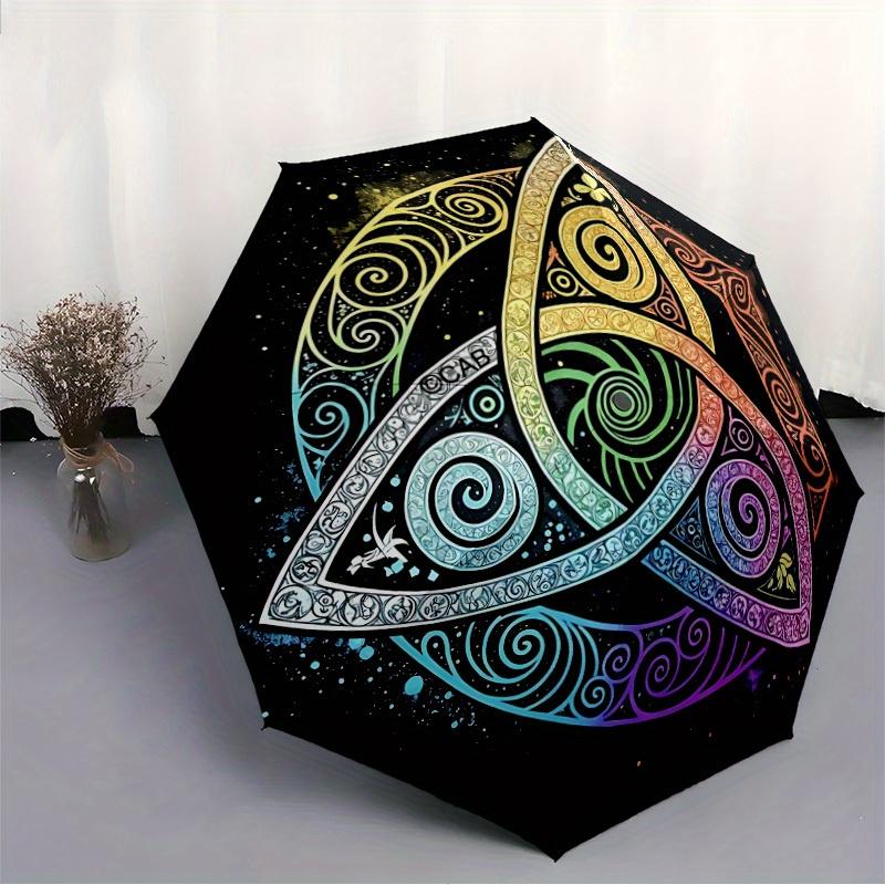 1pc Triquetra Cosmic Automatic Open/Close Folding Umbrella - 8-Rib Sturdy Compact Travel Umbrella with Vibrant Swirl Design, L