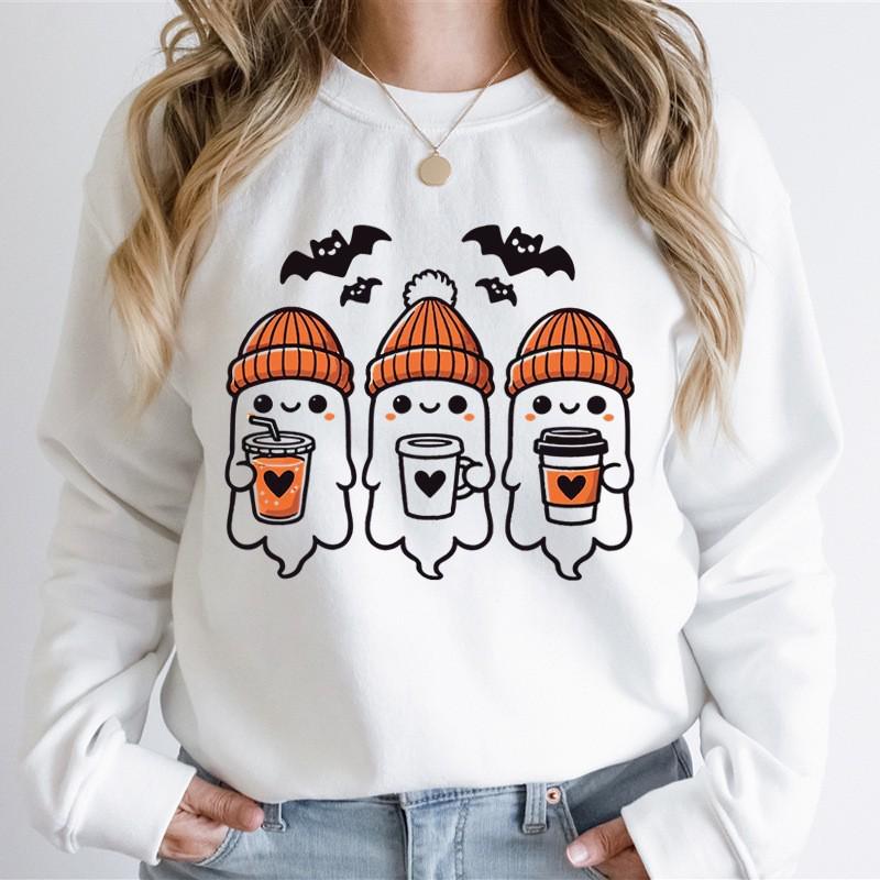 Halloween Ghost Coffee Print Round Neck Hoodie - Comfortable & Stylish Fit
