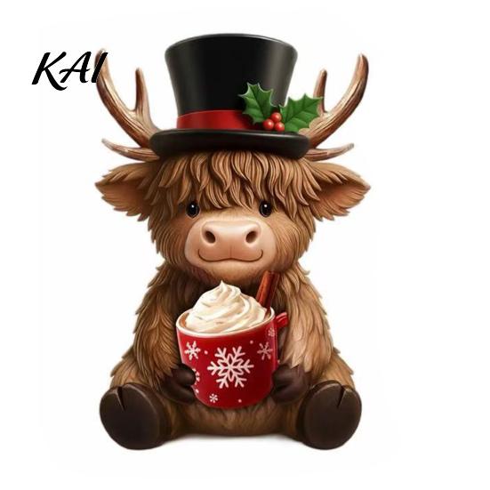 Resin Holiday Home Decor 2Pcs Christmas Highland Cow Figurines, Santa Reindeer Cow, with Hat, Atmosphere Table Topper Hot Cocoa, for Garden
