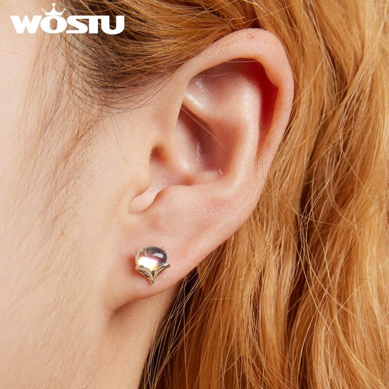 WOSTU 925 Sterling Silver Animals Moonstone Cute Fox Stud Earrings For Women Fashion Party Jewelry Gift
