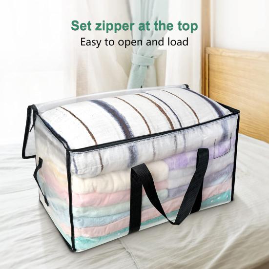 Large Capacity Moving Clear Bag Portable Handle Zipper Heavy Duty Foldable Multifunctional Quilt Clothes Blanket Storage Organizer Pouch Travel Duffle