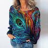 Summer O Neck Women T-Shirts Peacock Feather Graphic Fashion Long Sleeve Harajuku Y2k Top Oversized Casual Female Cotton T Shirt