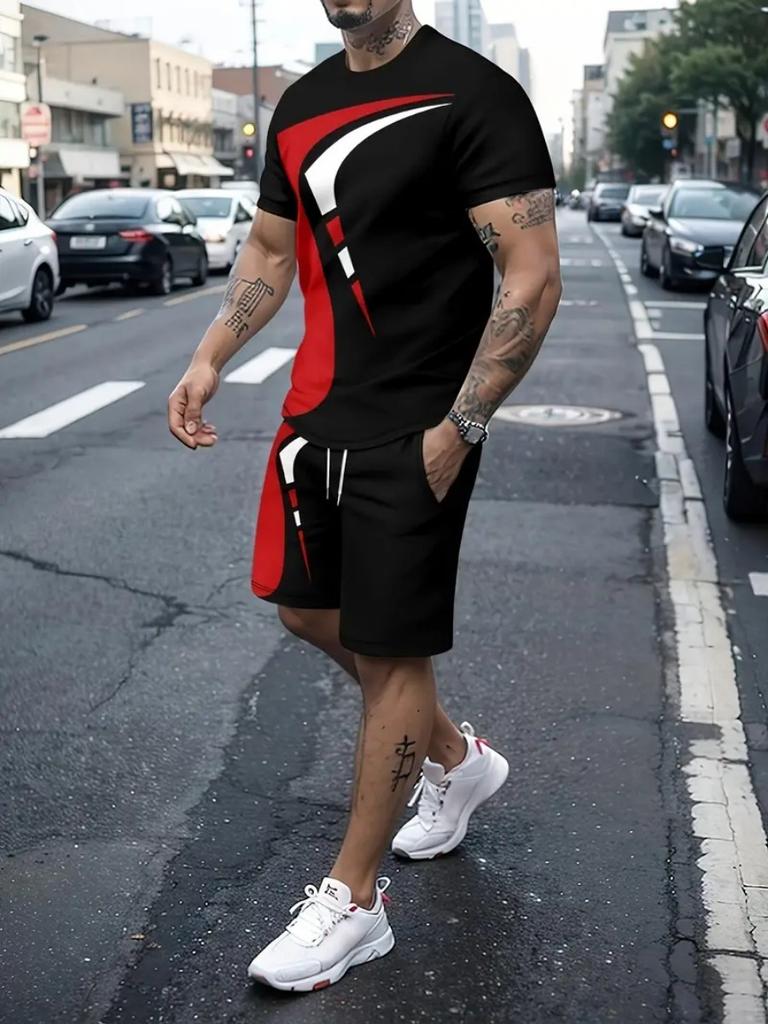 Summer Men's Sportswear Suit Trendy Fashion Sportswear 3d Print Men's Two-piece Casual Short-sleeved T-shirt + Shorts Plus Size