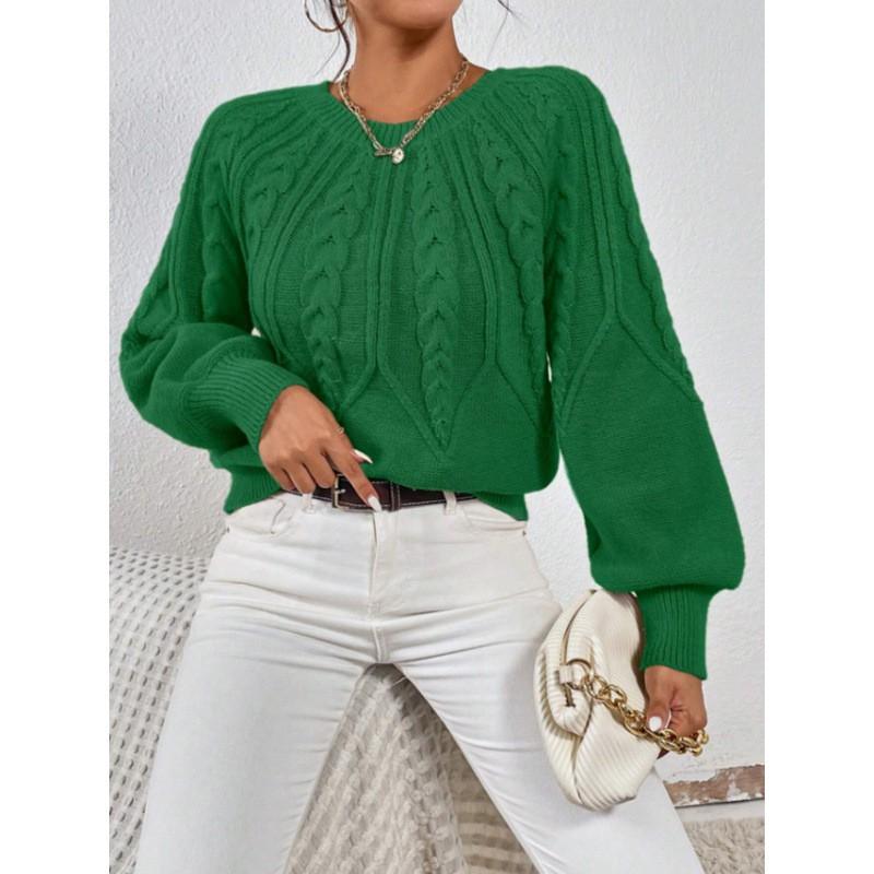 Womens Crew Neck Long Sleeve Knit Sweater Loose Fit Cable Solid Color Casual Winter Basic Top