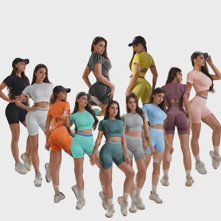 Женский фитнес-костюм из 5 предметов: Штаны для йоги, приподнимающие бедра, топ с красивой спинкой, трикотажная одежда с короткими рукавами