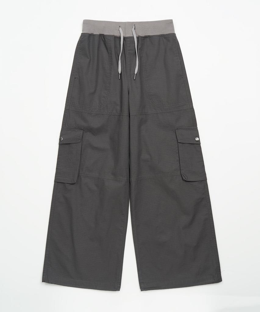 TOFFEE WOMEN W Elastic Waist Wide Cargo Pants (Charcoal)