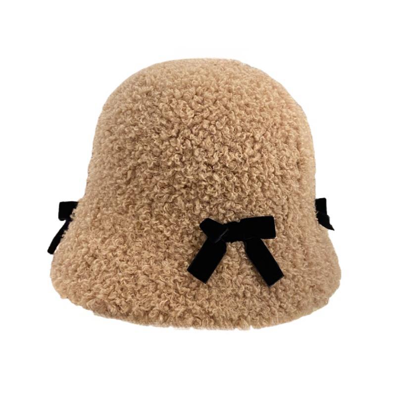 Bow plush fisherman hat children autumn and winter travel warm face bucket hat new