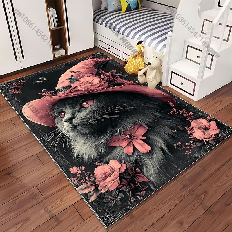 Whimsical cat adorned with flowers carpet Yoga living room room decor children's crawling mat doormat area rug games mat