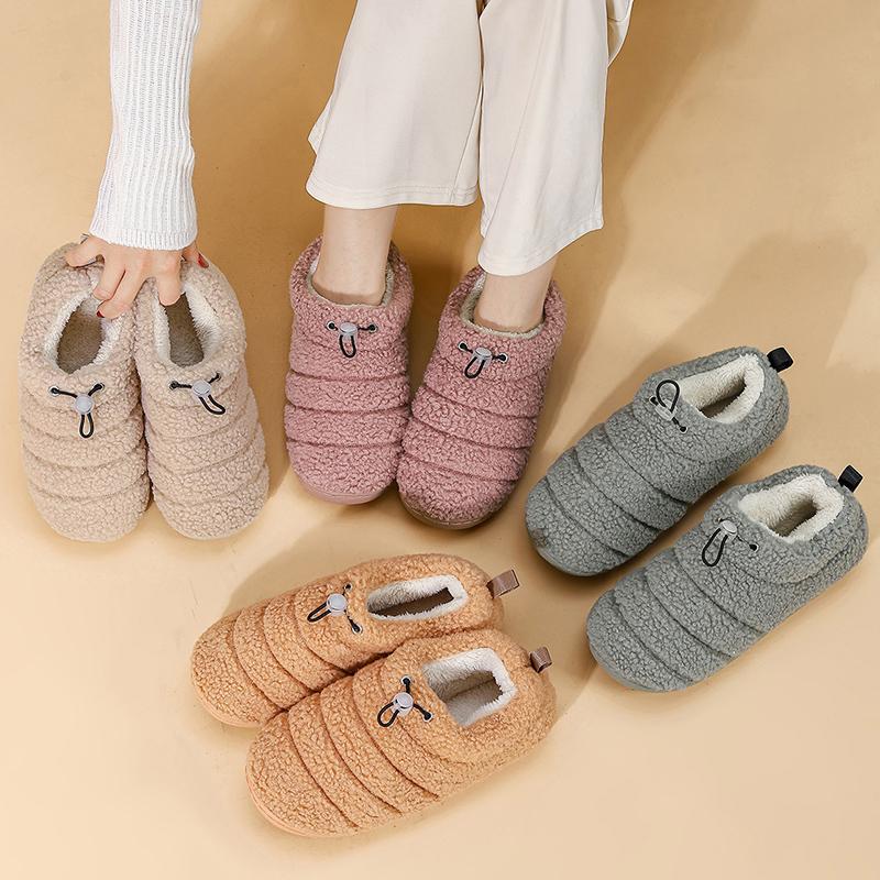 Модные домашние теплые плюшевые тапочки для женщин 2025 Зима Искусственный мех Плоский каблук Хлопковая обувь Женские Слипоны Нескользящие Хлопковые Шлепанцы Женские