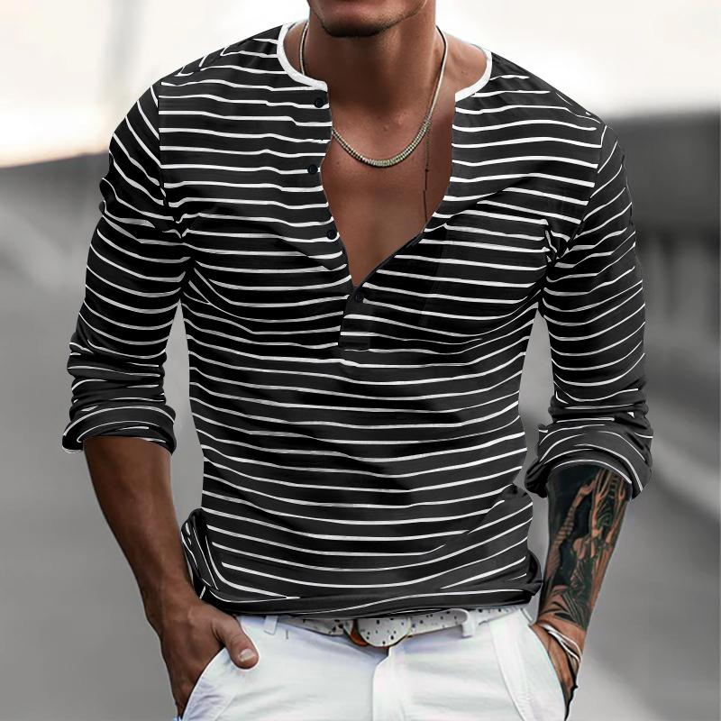 Spring Autumn Fashion Long Sleeve Men's T-shirts Button Henry Collar T Shirt For Men Vintage Striped Tees Tops