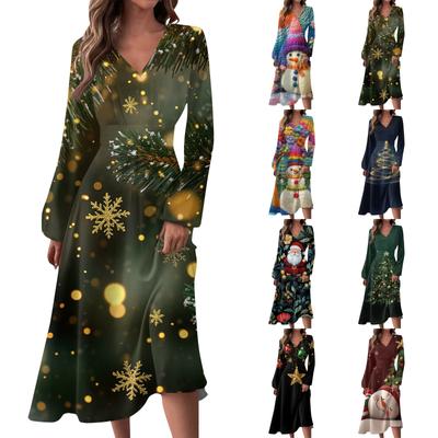 Женское осенне-зимнее повседневное модное длинное платье с v-образным вырезом и длинным рукавом с принтом