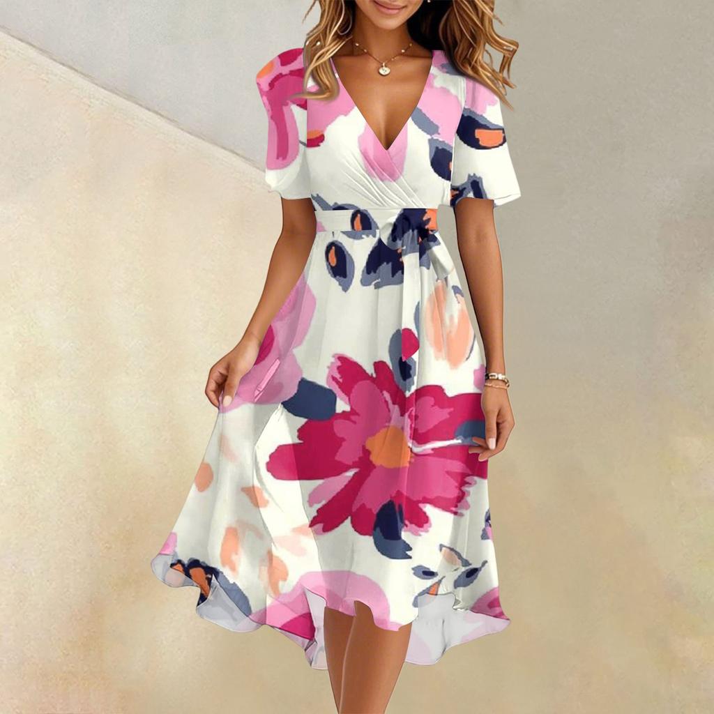 Женское летнее модное расклешенное платье с V-образным вырезом и короткими рукавами с цветочным принтом