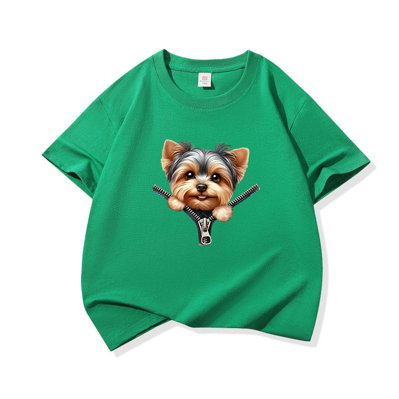 Kids Cotton T Shirt Sweet Yorkshire Terrier Dog Zipper Print Crew Neck Short Sleeve Tee Casual Breathable Boys Girls Summer Tops