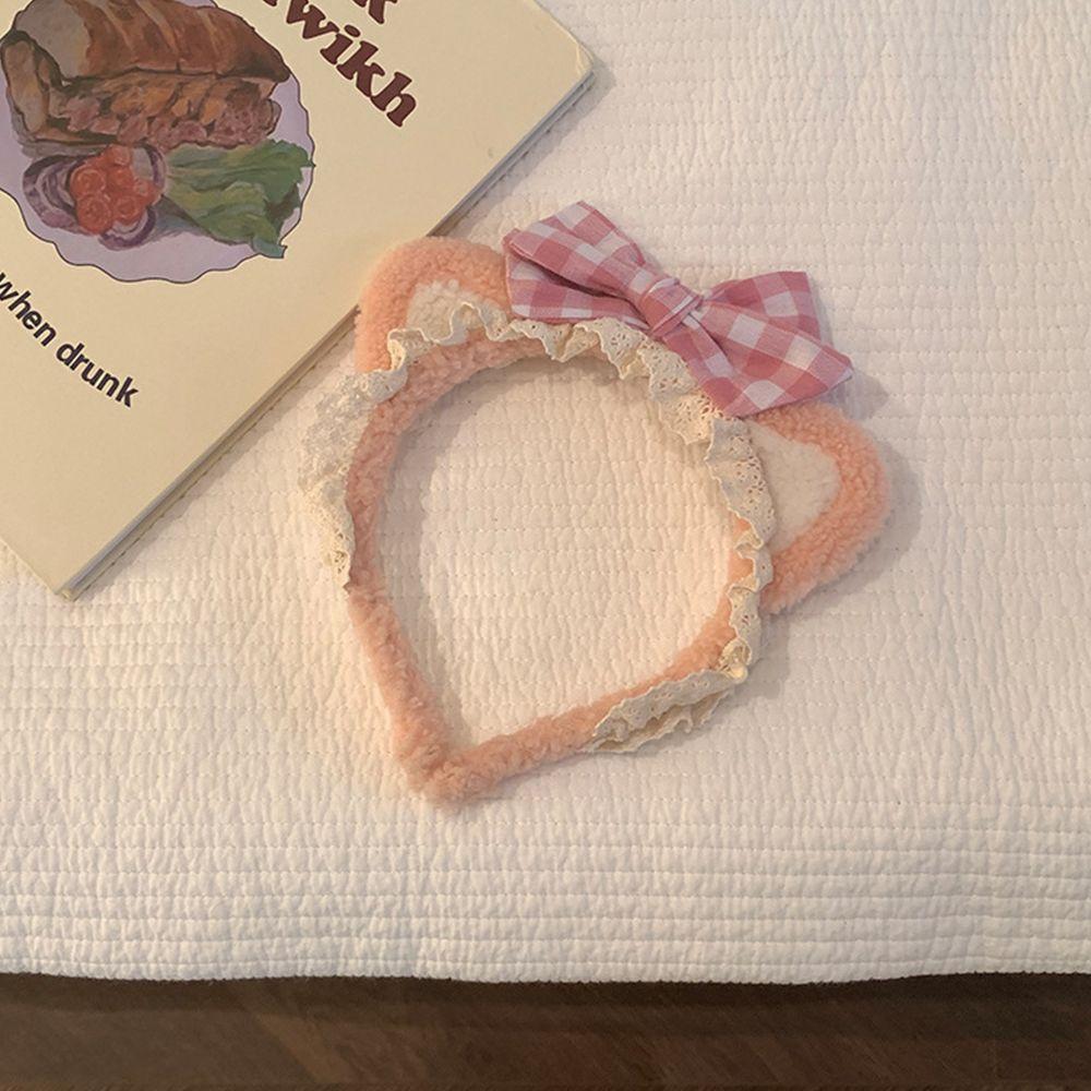 Plush Headdress Wash Face Plaid Bow Women Accessories Korea Style Headband Cat Ears Lace Hair Band