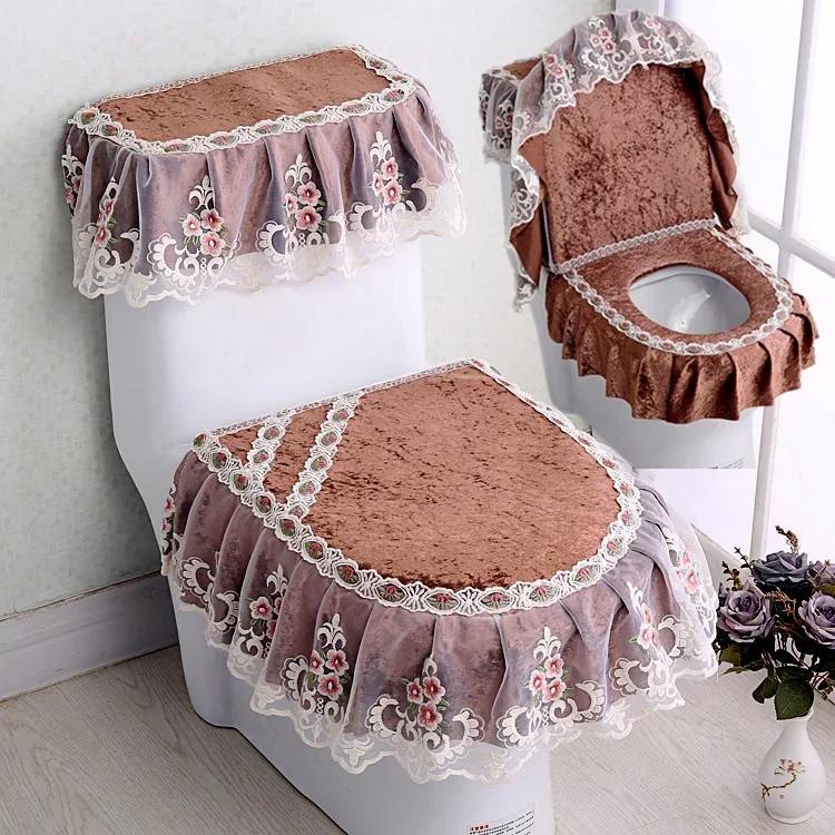 Вышитый край кружевной коврик для унитаза из 3 частей осенне-зимний бархатный чехол для унитаза U-образная молния сиденье для унитаза юбка стиль подол