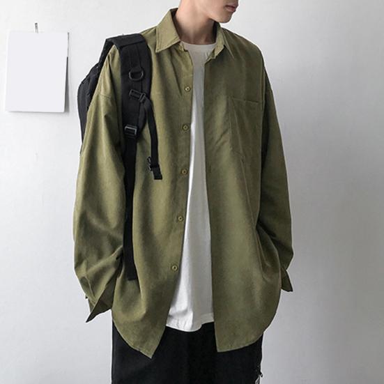 Мужская рубашка с лацканами, длинный рукав, однобортная рубашка, однотонный цвет, накладной карман, повседневная рубашка, свободный крой, удобная куртка