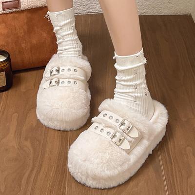 Женские тапочки на толстой платформе с мехом 2024 года, зимние тапочки с толстой подошвой и мехом для улицы, женская модная плюшевая дизайнерская обувь с пряжкой