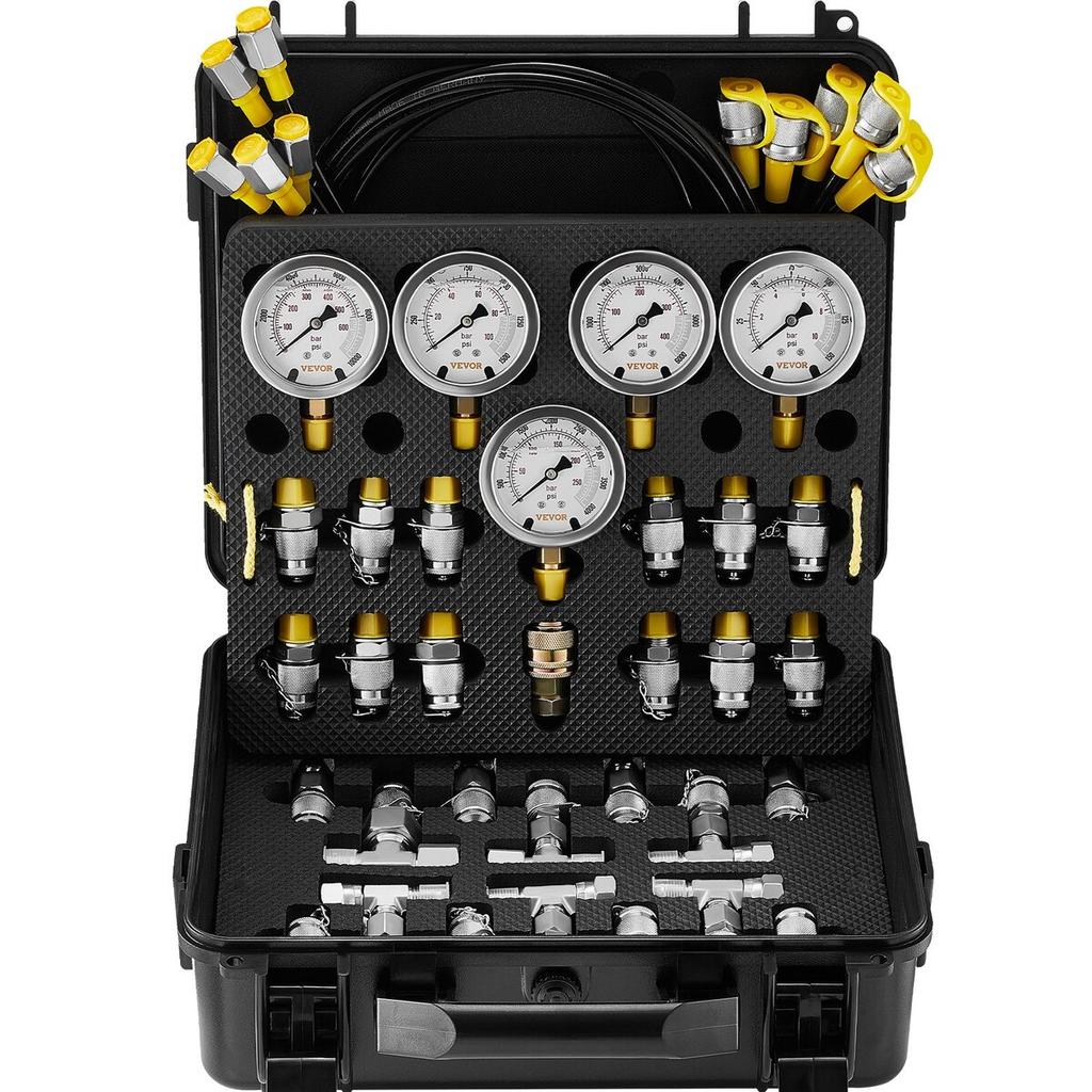Hydraulic Pressure Test Kit, 10/100/250/400/600bar, 5 Gauges 13 Couplings 14 Tee Connectors 5 Test Hoses, Excavator Hydraulic Test Gauge Set with