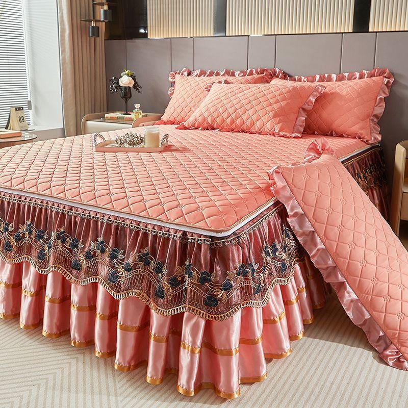 Комплект из 3 предметов для спальни Высококачественная юбка для кровати из хрустального бархата Комплект из трех предметов с толстой кружевной отделкой, стиль корейской принцессы Теплый и нескользящий чехол для матраса