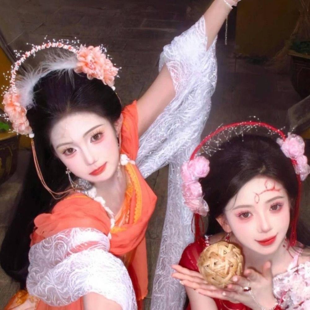 Ободок для волос с кисточками из бусин и перьев, аксессуары для волос для ханьфу, милая повязка на голову с цветами, для девочек