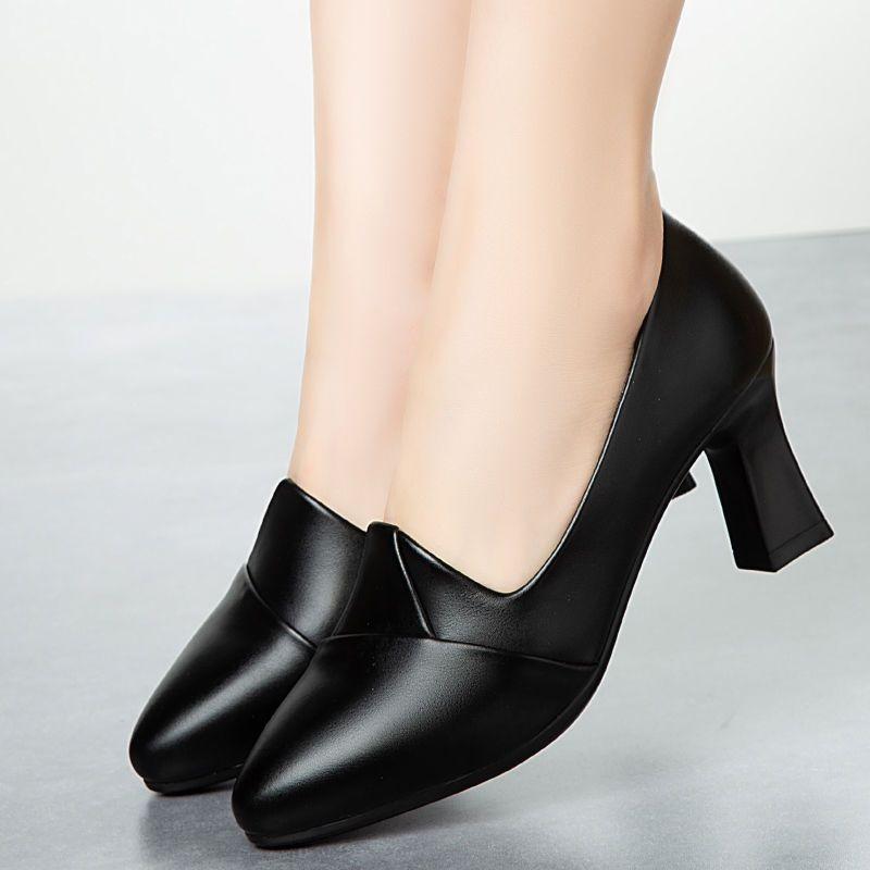 Женские туфли на высоком каблуке 5 см/7 см, удобные туфли на среднем каблуке, мягкая подошва, тонкая обувь, модные туфли-лодочки с острым носком, черные туфли на каблуке, женская кожаная рабочая обувь