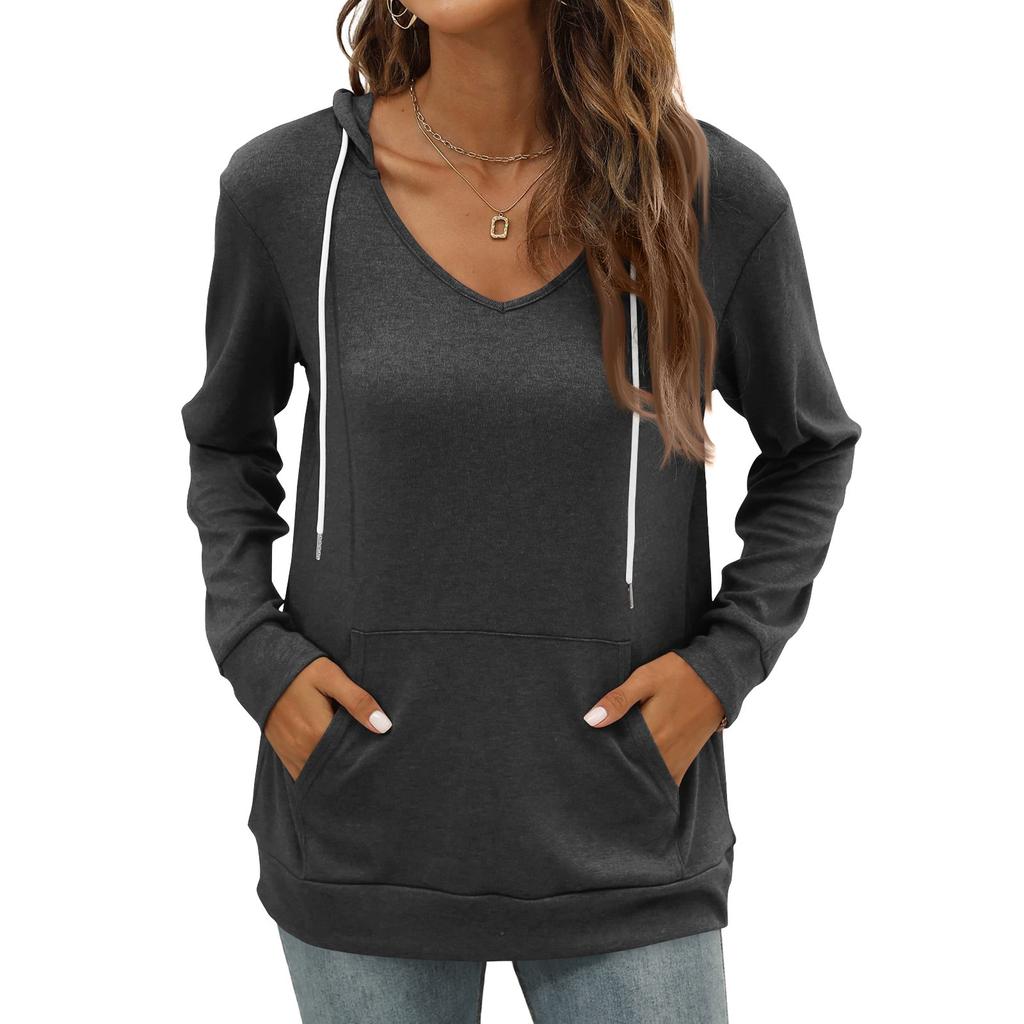 Women's Fashion Casual V Neck Long Sleeve Solid Color Pocket Drawstring Hooded Top