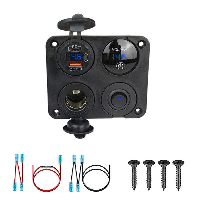 Автомобильное зарядное устройство 4 в 1, панель переключателей, переключатель PD QC3.0, двойная USB-разъем для зарядного устройства, цифровой вольтметр, 12 В, 4,2 А, адаптер питания для кемпера и мотоцикла