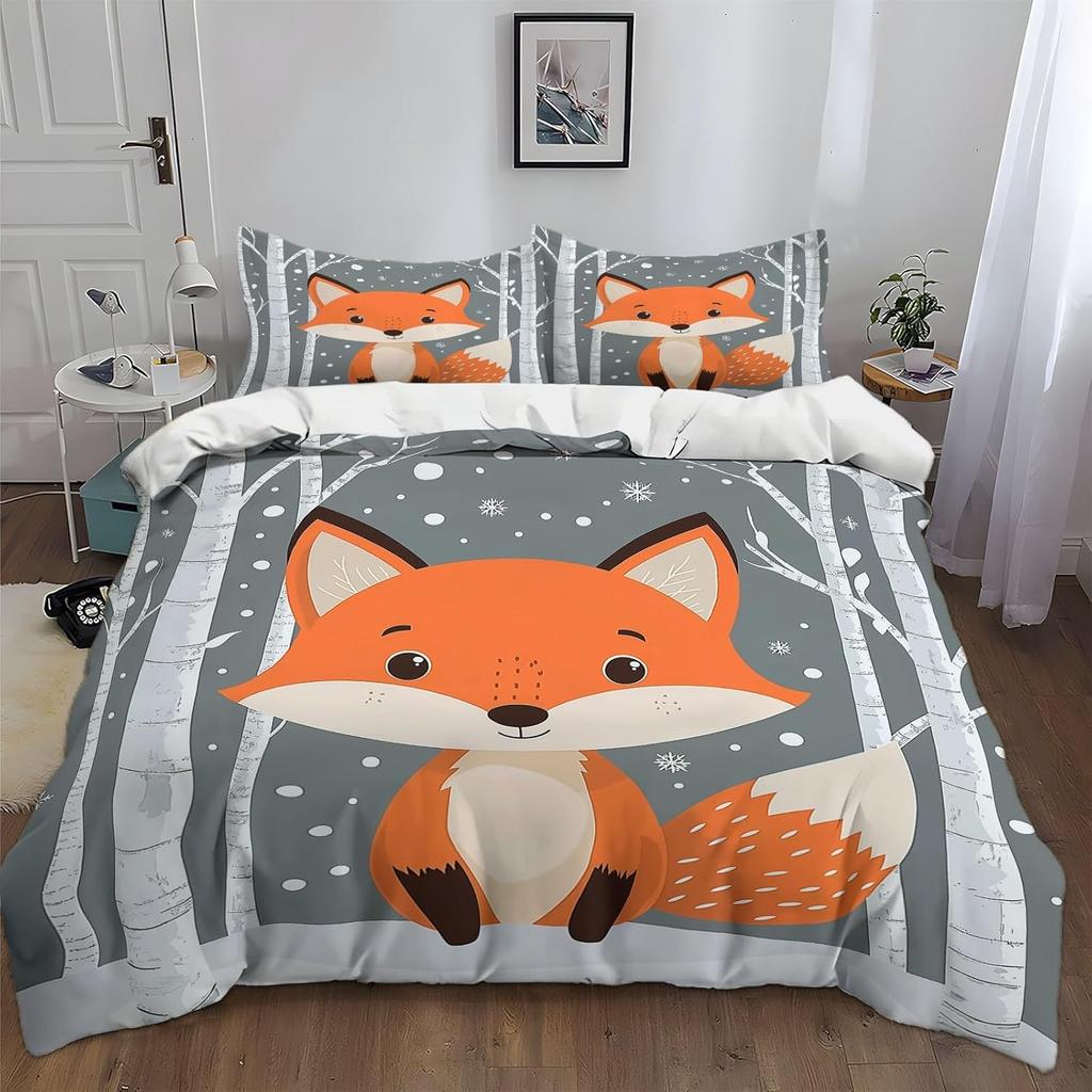 Fox Print Duvet Cover Set For Kids Boys Girls Cartoon Fox 3D Animal Theme Quilt Cover Bedroom Decor 2Pcs Bedcloths Single Size