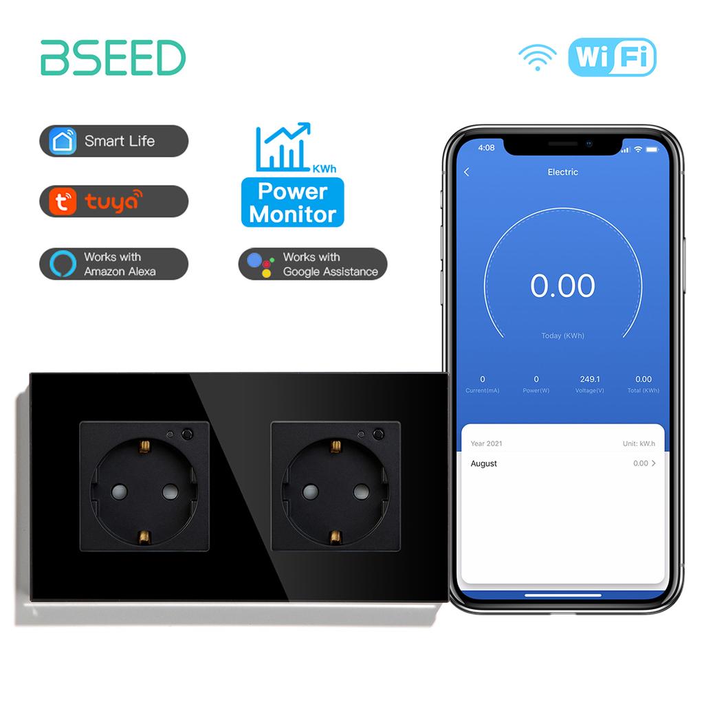 BSEED Wifi Sockets EU Wall Socket Smart Tuya Electric Sockets Power Monitor Google Smart Life Alexa Voice Control Glass Panel