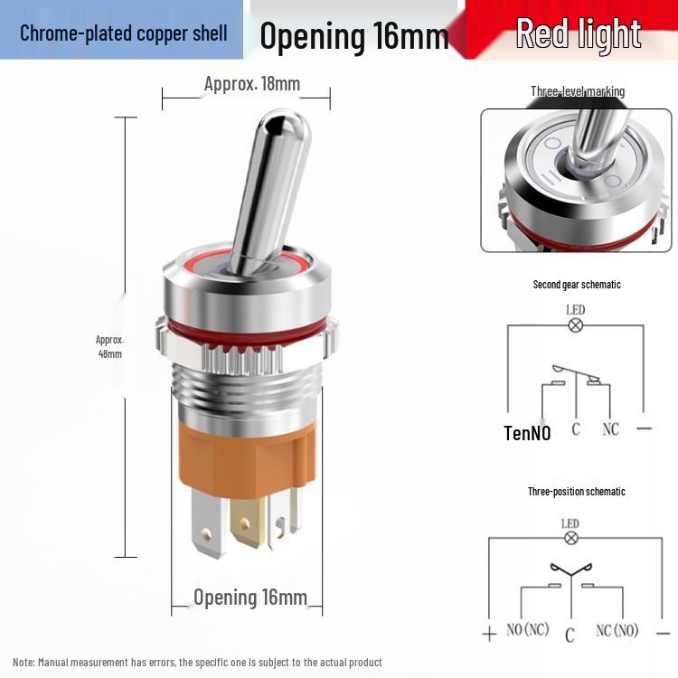 Bluebo 16mm High Current Metal Toggle Switch with Light, Large Handle, 2-Position/3-Position, 1NO1NC