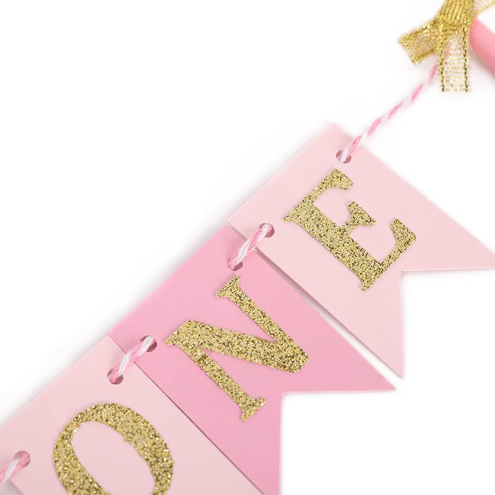 One Cake Topper for Baby Girls - Pink and Gold Cake Topper Banner for 1st Birthday, First Birthday CakeTopper, Paper Straw CakeTopper, Cake Smash