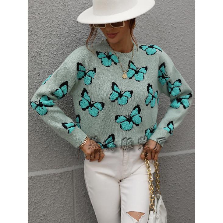 2024 Осень-Зима Европейский И Американский Печатный Бабочка Круглый Вырез Женский Свободный Плюс Размер Вязаный Свитер Пуловер Свитер