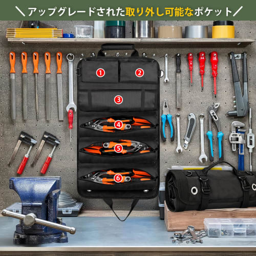 Choskiave Tool Bag, Tool Roll Bag, Car Tool Bag, Multifunctional, Large Capacity, Heavy-Duty, 6 Storage Pockets, Includes Spanner Roll Pouch, Wall-Mou