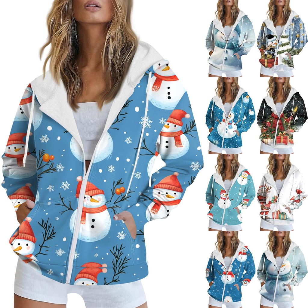 Женская рождественская печатная толстовка осень-зима с длинным рукавом кардиган куртка с карманами на молнии толстовка с капюшоном верхняя одежда