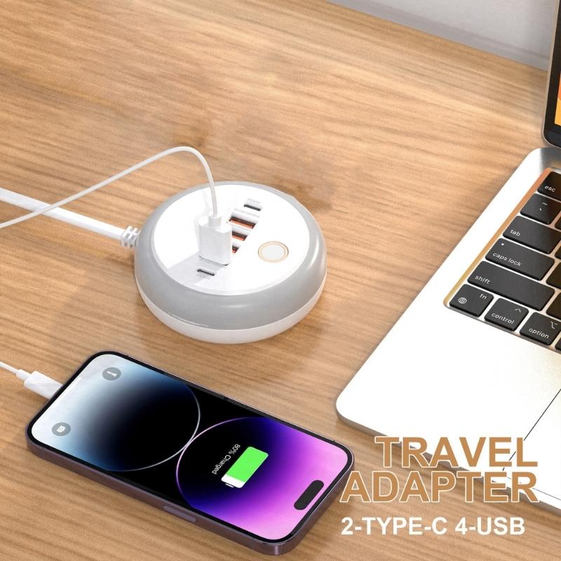Адаптер для одновременной зарядки 6 устройств с 2 портами Type C Quick Charge и 4 USB-портами, автоматическое определение тока, экономия места