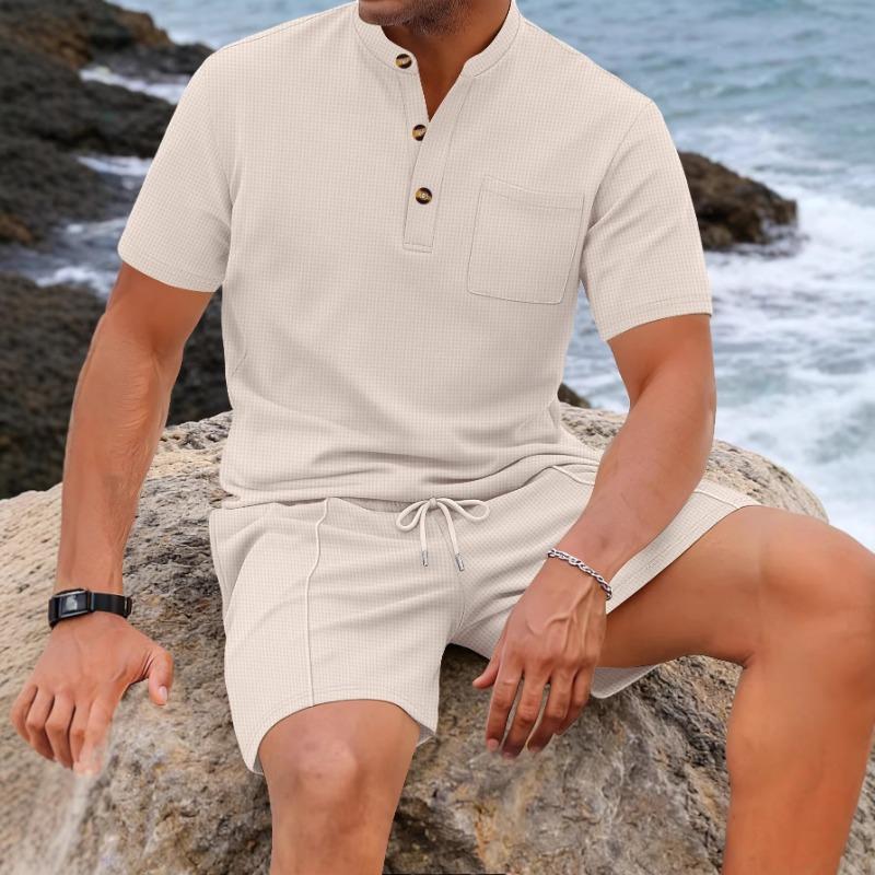 Men Waffle Knit Mandarin Collar Half Button Pocket Top & Drawstring Shorts Two Piece Set