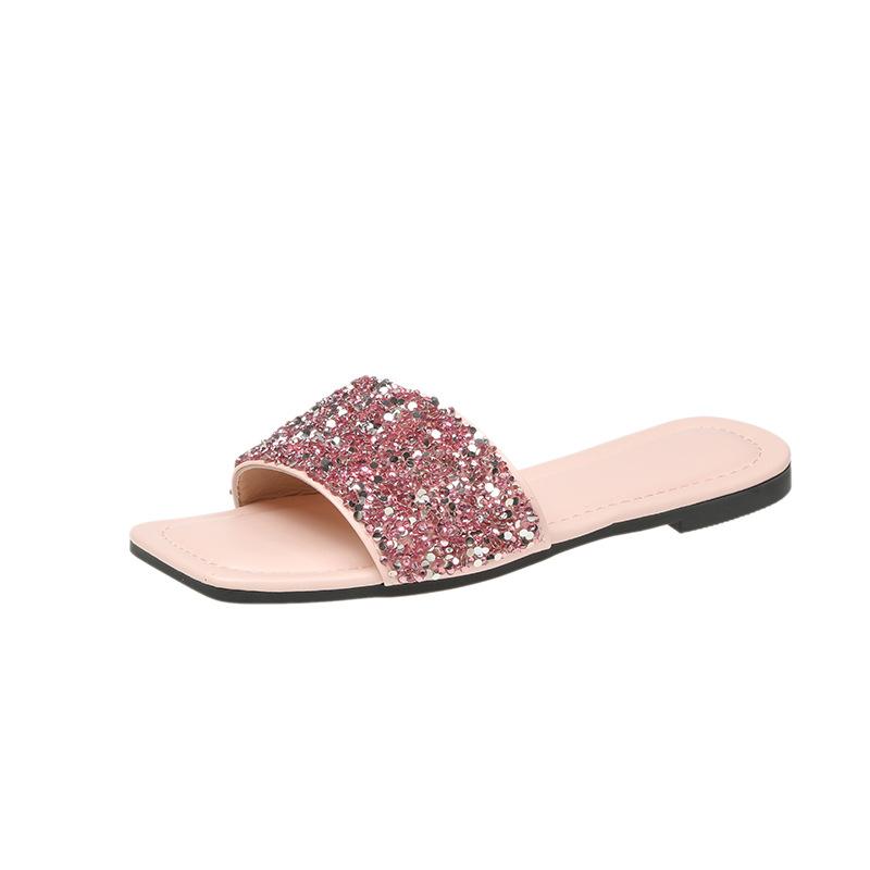 Внешняя торговля, новые односложные сандалии со стразами, женская летняя одежда 2025 года, квадратная головка, открытый носок, мягкая подошва, плоская подошва, пляжная женская обувь