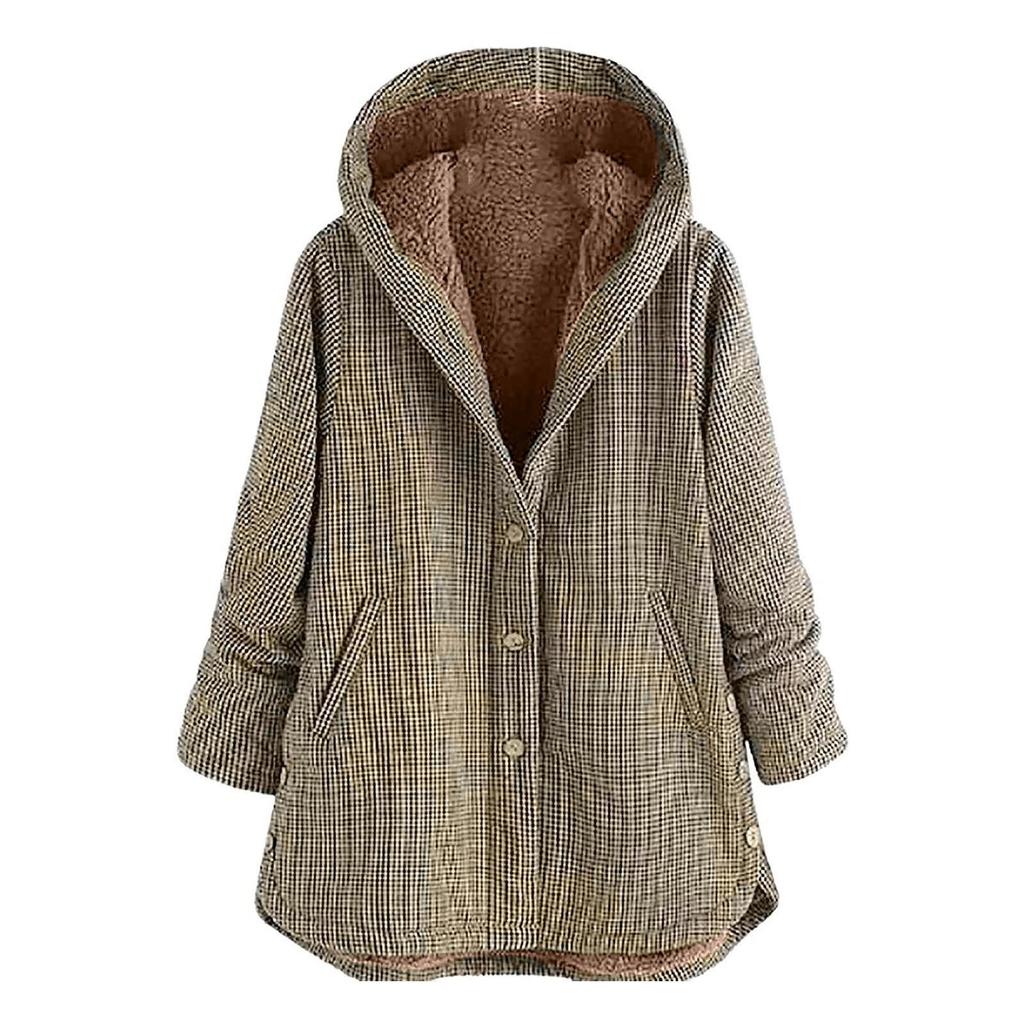 Plus Size Winter Warm Women Vintage Plaid Asymmetrical Button Hooded Outwearcoat