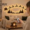 Christmas Village Wall Decor Illuminated Wooden Light Set, LED Reindeer Sleigh And Pine Trees Set Art DIY Scene with Remote Control, Peel Stick