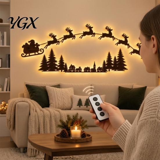 Christmas Village Wall Decor Illuminated Wooden Light Set, LED Reindeer Sleigh And Pine Trees Set Art DIY Scene with Remote Control, Peel Stick
