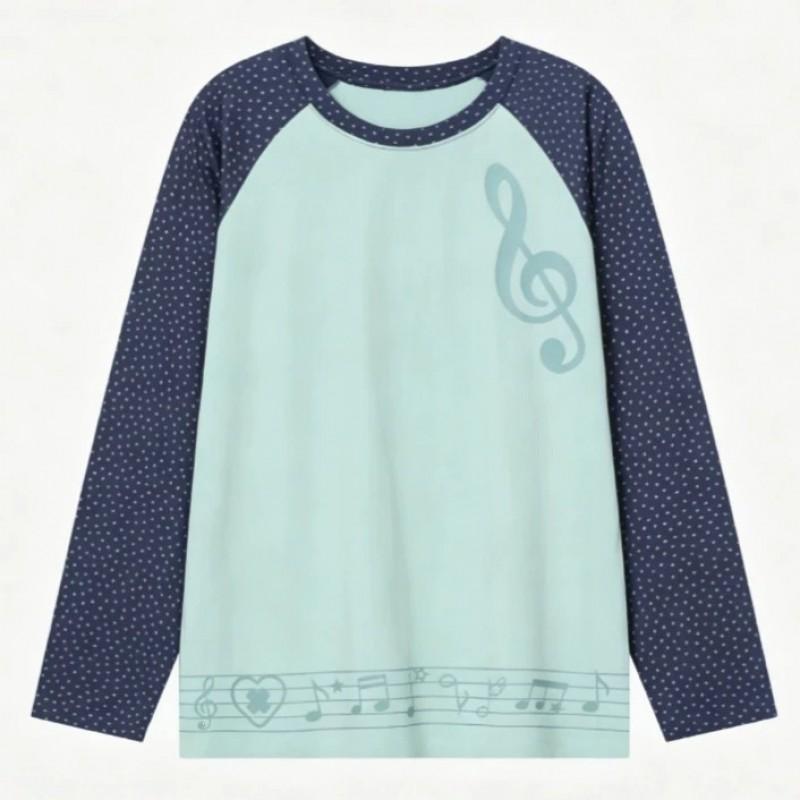 Y2K Korean Style Long Sleeve T-Shirt Music Note Print Polka Dot Color Block Crew Neck Fall Winter Versatile Base Top