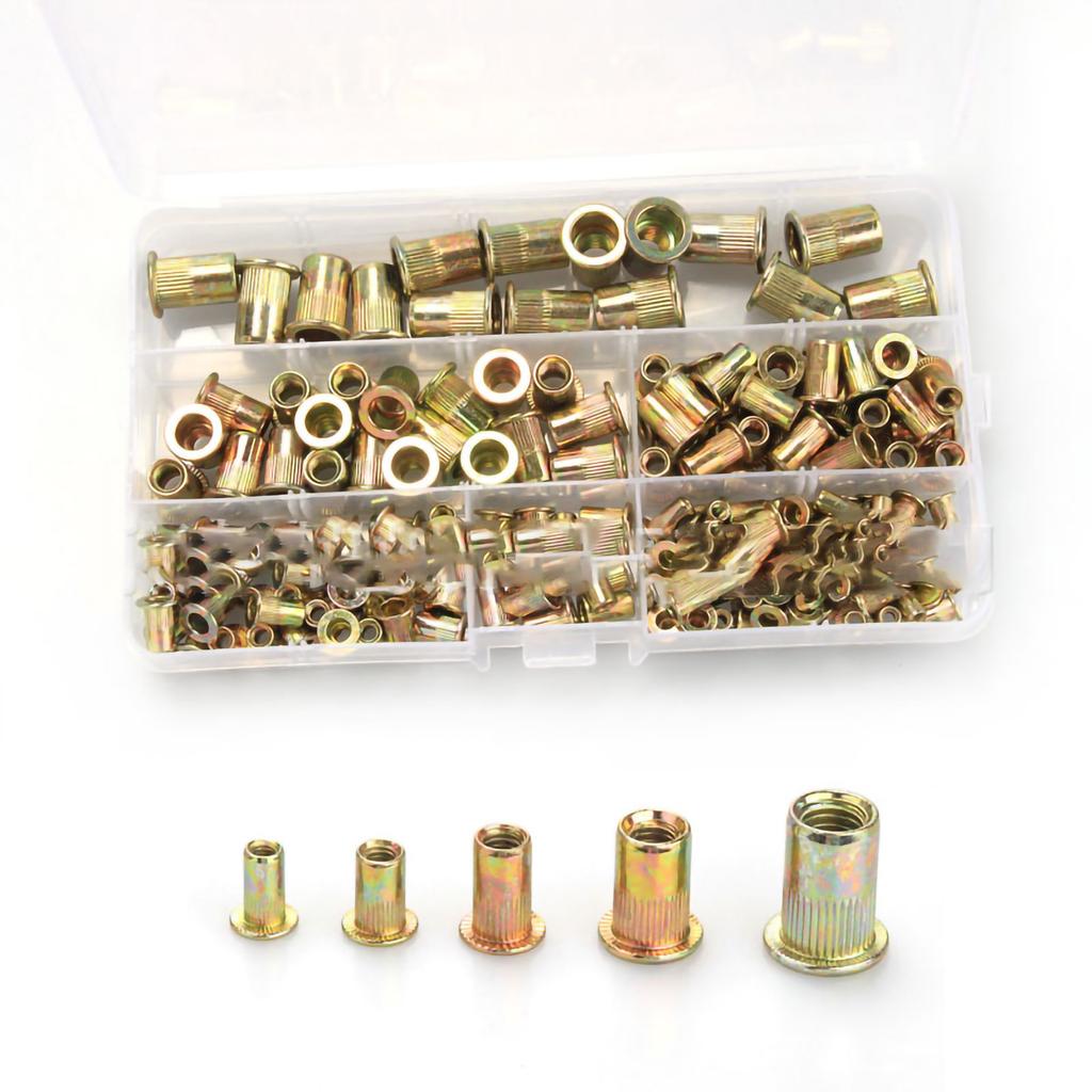 165PCS Rivet Nuts Assortment Color Zinc Plating Flat Head Threaded Insert Nuts M3 M4 M5 M6 M8