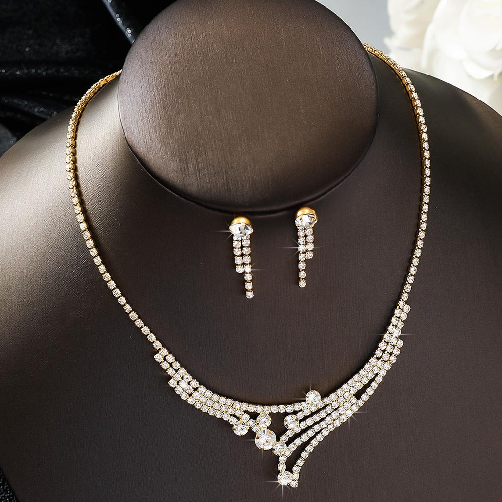 3PC Women's Fashion Copper Inlaid Diamond Claw Chain Geometric Necklace Earring Set Suitable for Wedding, Party, Festival Gifts