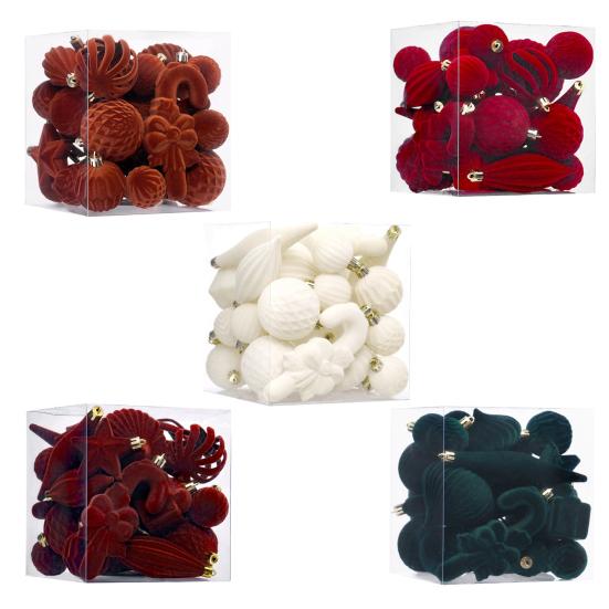 Набор из 28 бархатных елочных украшений: флокированные шары, звезда, елка