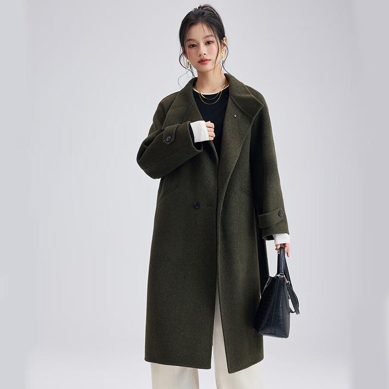 Fengxun Женское Премиальное Двустороннее Пальто из 100% Шерсти со Стойкой