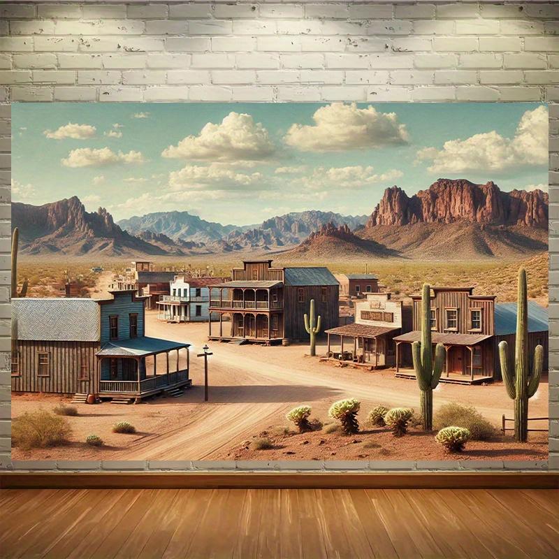 1 Wild West Desert Town Polyester Background - Real Cowboy and Cactus Scene Wall Decoration